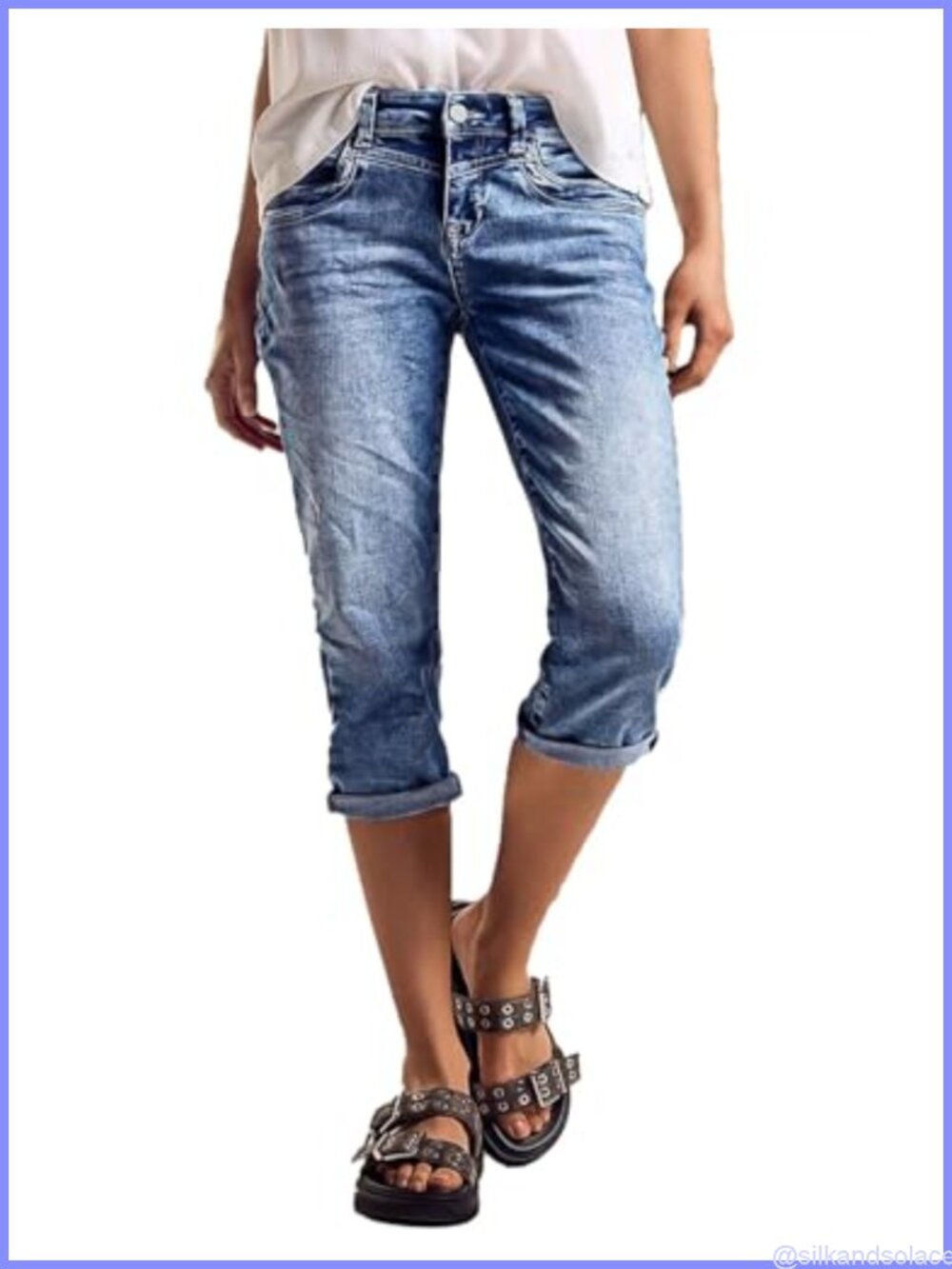 High Rise Straight Leg Capri Jeans Women Stretchy Denim Roll Hem